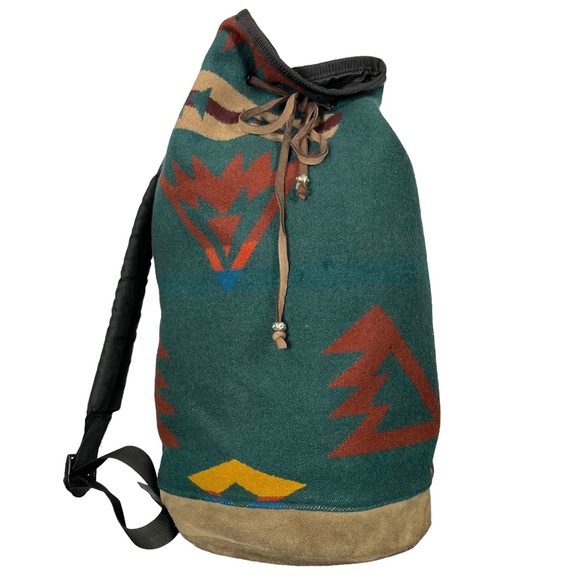 Pendleton Handbags - Pendleton Aztec Wool Backpack Tan Suede Blue Multicolored Bucket Bag Rucksack